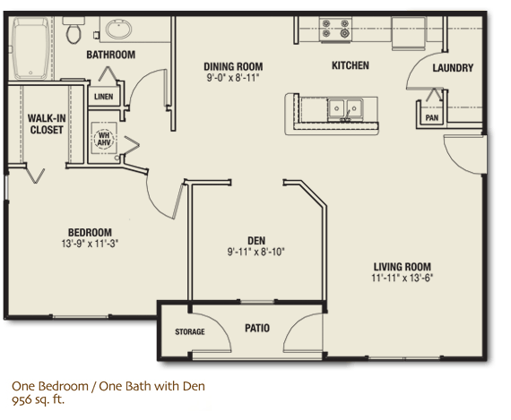 The Quarters - One Bedroom / One Bath Apartment with den, 956 sq. ft.