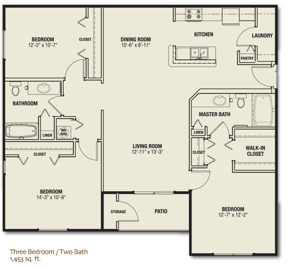 The Quarters - Three Bedroom / Two Bath Apartment, 1,453 sq. ft.
